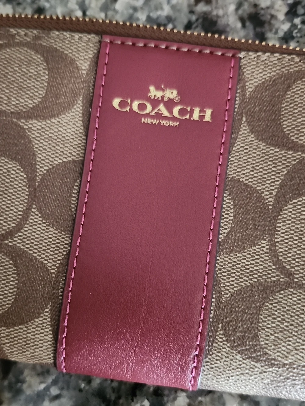 Coach Corner Zip Wristlet In Khaki Signature Coated Canvas With Red Accent